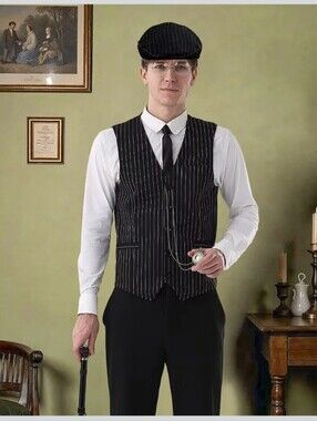 Mens Roaring 20s Halloween Costume With Accessories -  Size L - Black Pinstripe